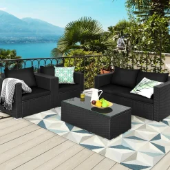 Patio Rattan Conversation Furniture Set, Outdoor Wicker Sofa Set with Padded Cushion & Tempered Glass Coffee Table
