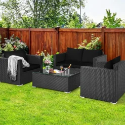 Patio Rattan Conversation Furniture Set, Outdoor Wicker Sofa Set with Padded Cushion & Tempered Glass Coffee Table