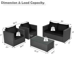 Patio Rattan Conversation Furniture Set, Outdoor Wicker Sofa Set with Padded Cushion & Tempered Glass Coffee Table