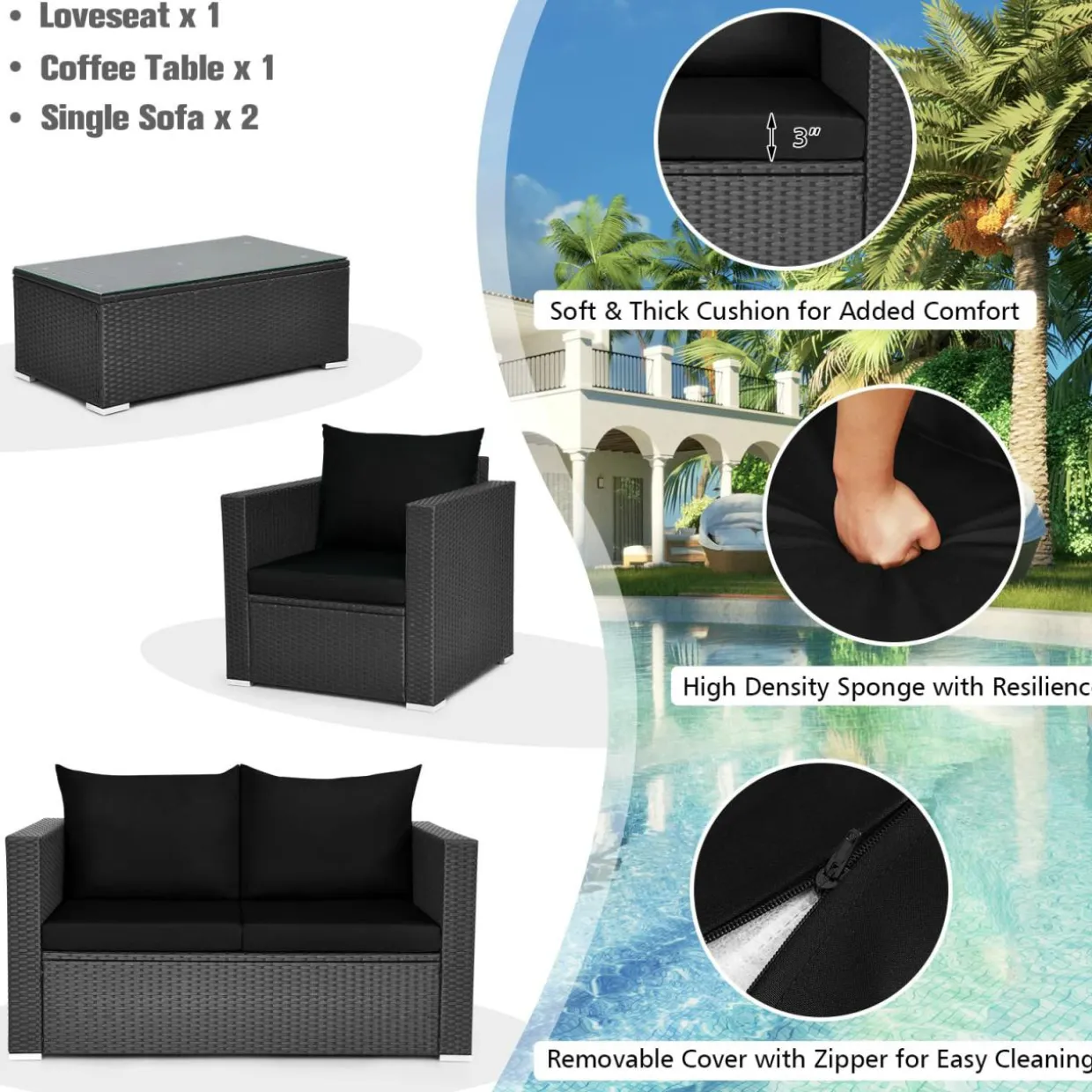 Patio Rattan Conversation Furniture Set, Outdoor Wicker Sofa Set with Padded Cushion & Tempered Glass Coffee Table