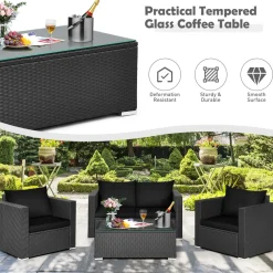 Patio Rattan Conversation Furniture Set, Outdoor Wicker Sofa Set with Padded Cushion & Tempered Glass Coffee Table