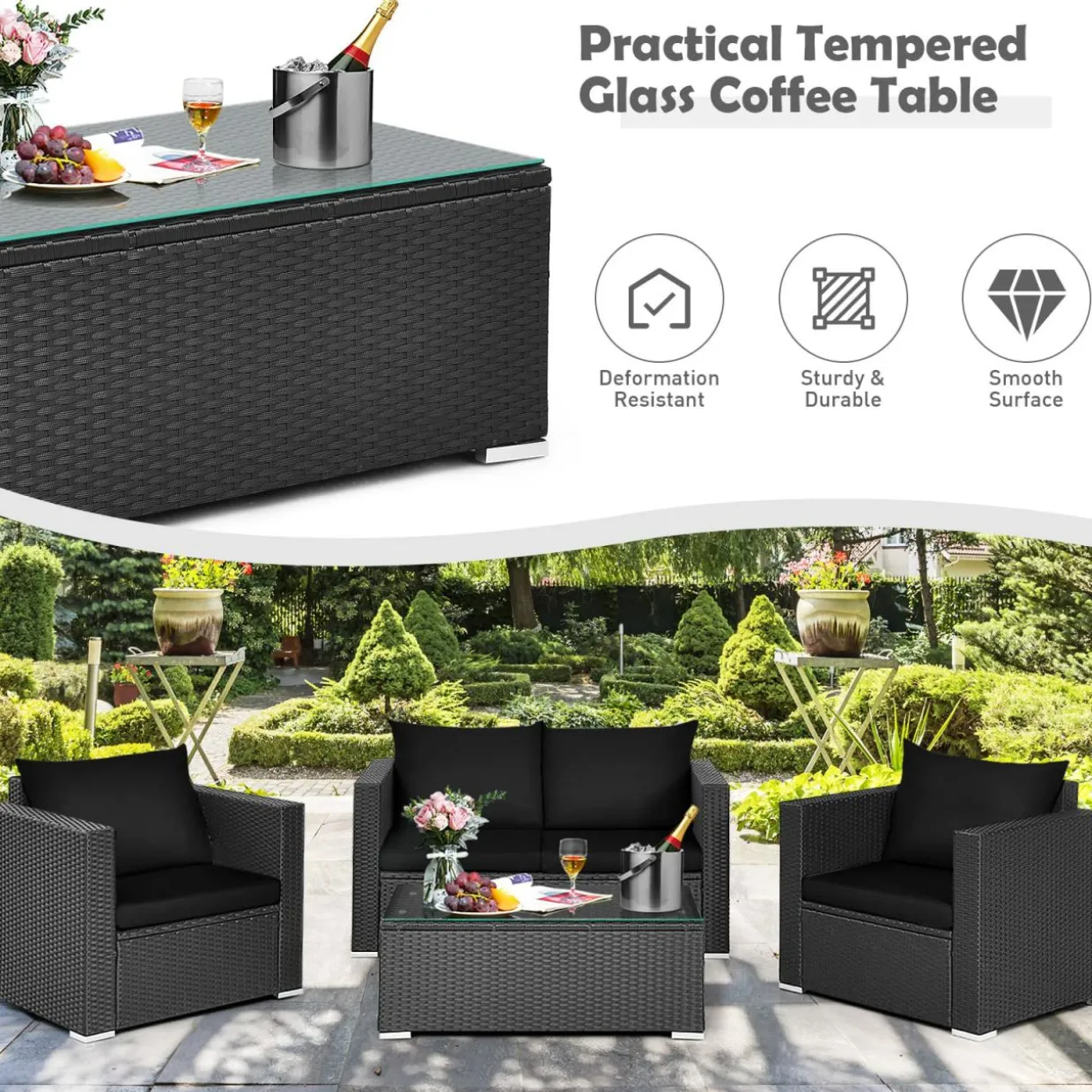 Patio Rattan Conversation Furniture Set, Outdoor Wicker Sofa Set with Padded Cushion & Tempered Glass Coffee Table