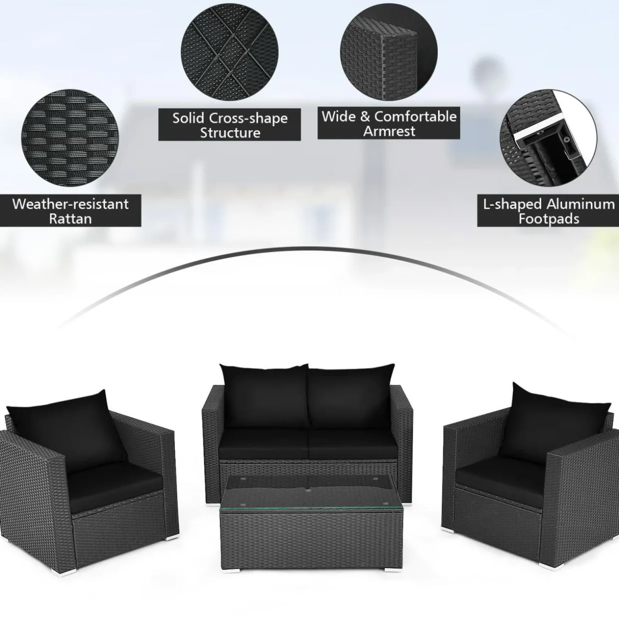 Patio Rattan Conversation Furniture Set, Outdoor Wicker Sofa Set with Padded Cushion & Tempered Glass Coffee Table