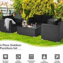 Patio Rattan Conversation Furniture Set, Outdoor Wicker Sofa Set with Padded Cushion & Tempered Glass Coffee Table