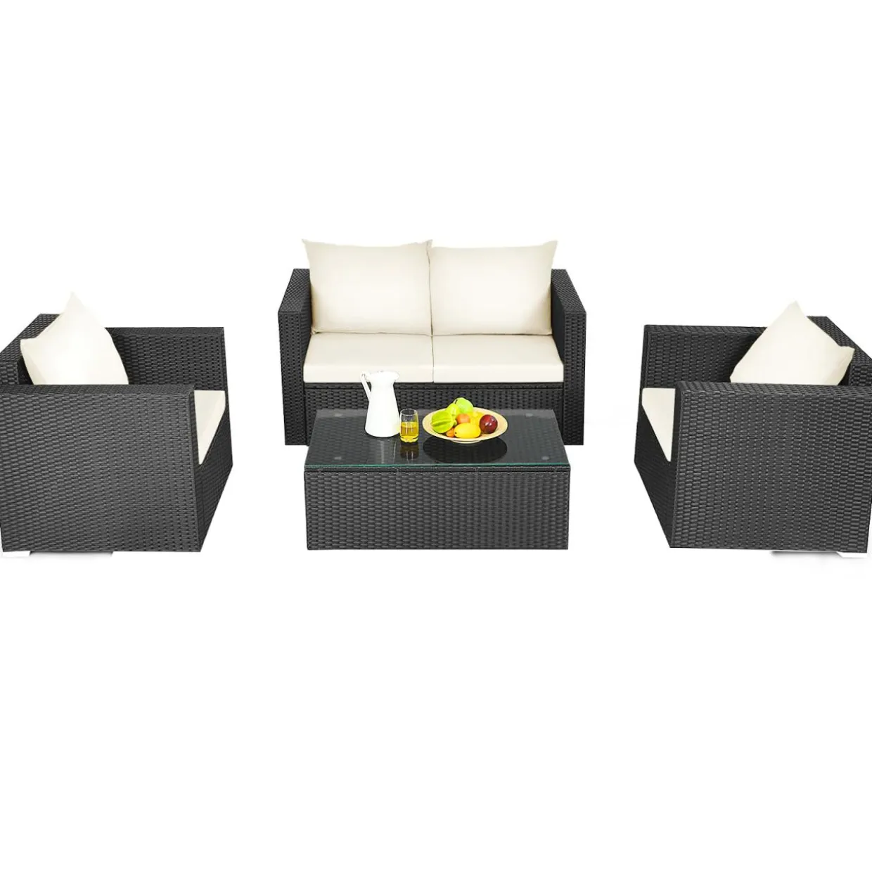 Patio Rattan Conversation Furniture Set, Outdoor Wicker Sofa Set with Padded Cushion & Tempered Glass Coffee Table