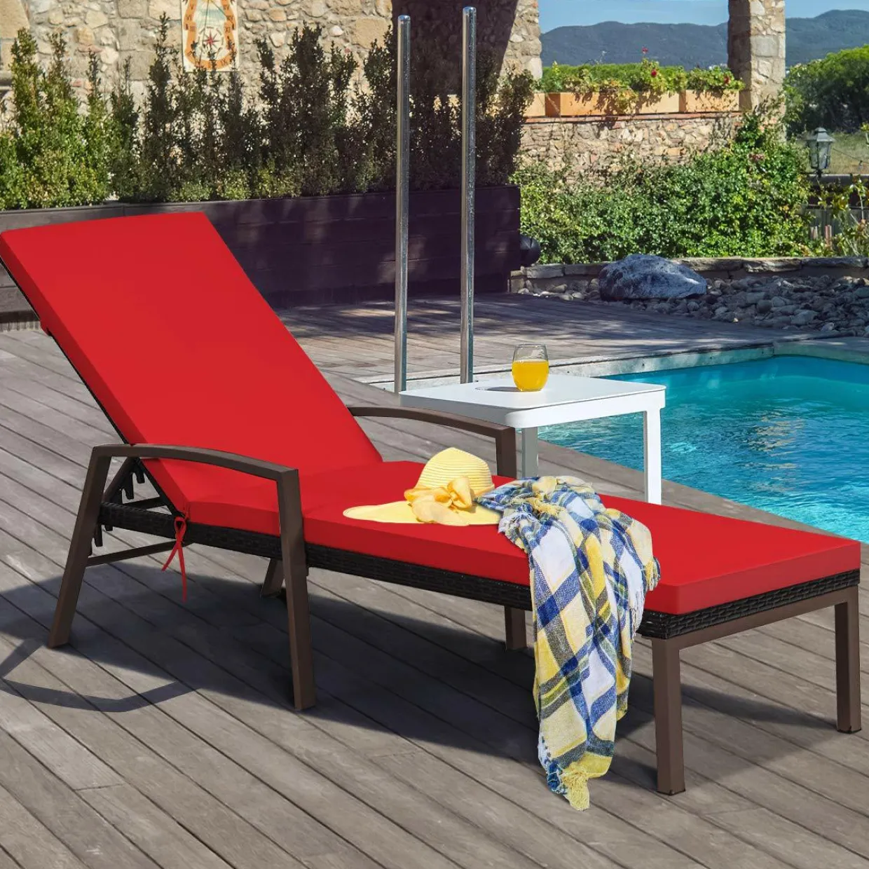 Patio Rattan Lounge Chair, Outdoor Reclining Chaise Louge with Cushion and Armrest