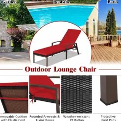 Patio Rattan Lounge Chair, Outdoor Reclining Chaise Louge with Cushion and Armrest
