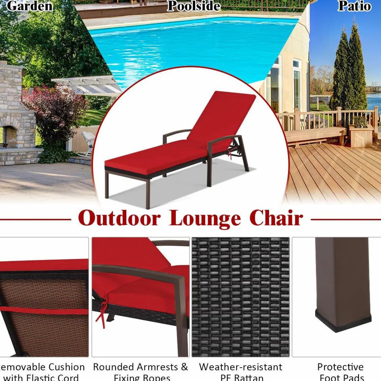 Patio Rattan Lounge Chair, Outdoor Reclining Chaise Louge with Cushion and Armrest