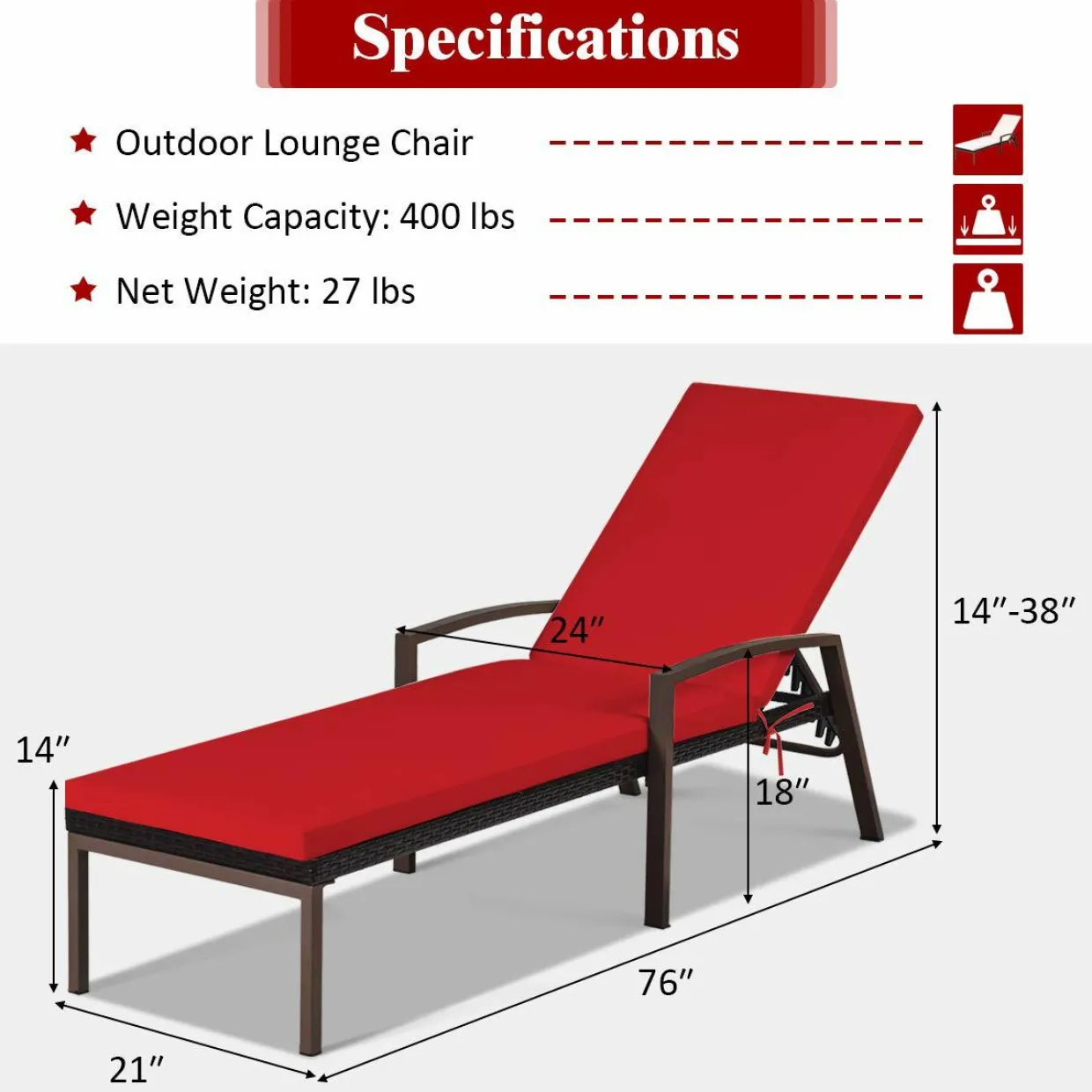 Patio Rattan Lounge Chair, Outdoor Reclining Chaise Louge with Cushion and Armrest