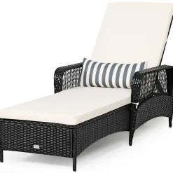 Patio Wicker Chaise Lounge Chair, Outdoor Rattan Reclining Chaise w/ 6-Gear Adjustable Backrest