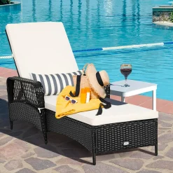 Patio Wicker Chaise Lounge Chair, Outdoor Rattan Reclining Chaise w/ 6-Gear Adjustable Backrest