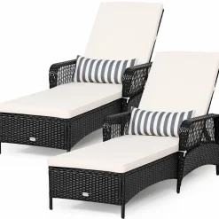 Patio Wicker Chaise Lounge Chair, Outdoor Rattan Reclining Chaise w/ 6-Gear Adjustable Backrest