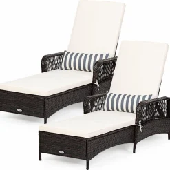 Patio Wicker Chaise Lounge Chair, Outdoor Rattan Reclining Chaise w/ 6-Gear Adjustable Backrest