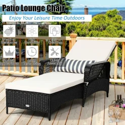 Patio Wicker Chaise Lounge Chair, Outdoor Rattan Reclining Chaise w/ 6-Gear Adjustable Backrest