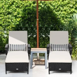 Patio Wicker Chaise Lounge Chair, Outdoor Rattan Reclining Chaise w/ 6-Gear Adjustable Backrest