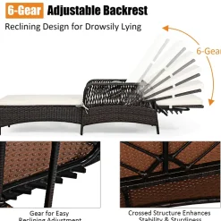 Patio Wicker Chaise Lounge Chair, Outdoor Rattan Reclining Chaise w/ 6-Gear Adjustable Backrest