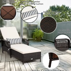 Patio Wicker Chaise Lounge Chair, Outdoor Rattan Reclining Chaise w/ 6-Gear Adjustable Backrest