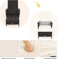 Patio Wicker Chaise Lounge Chair, Outdoor Rattan Reclining Chaise w/ 6-Gear Adjustable Backrest