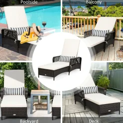 Patio Wicker Chaise Lounge Chair, Outdoor Rattan Reclining Chaise w/ 6-Gear Adjustable Backrest