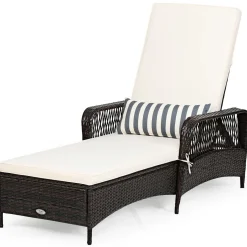 Patio Wicker Chaise Lounge Chair, Outdoor Rattan Reclining Chaise w/ 6-Gear Adjustable Backrest