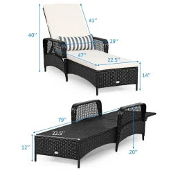 Patio Wicker Chaise Lounge Chair, Outdoor Rattan Reclining Chaise w/ 6-Gear Adjustable Backrest