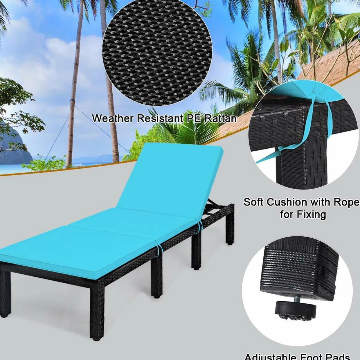 Patio Wicker Lounge Chair, Outdoor Rattan Adjustable Reclining Backrest Lounger Chair