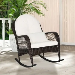 Patio Wicker Rocking Chair, Outdoor PE Rattan Rocker with Seat and Back Cushion