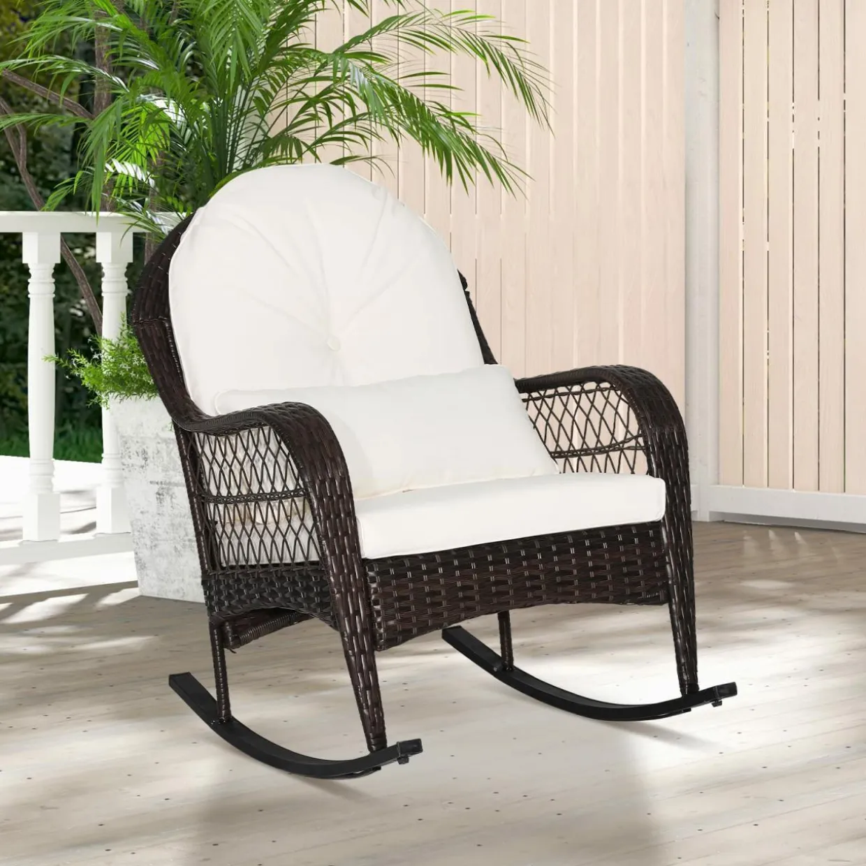 Patio Wicker Rocking Chair, Outdoor PE Rattan Rocker with Seat and Back Cushion