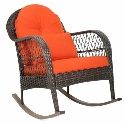 Patio Wicker Rocking Chair, Outdoor PE Rattan Rocker with Seat and Back Cushion