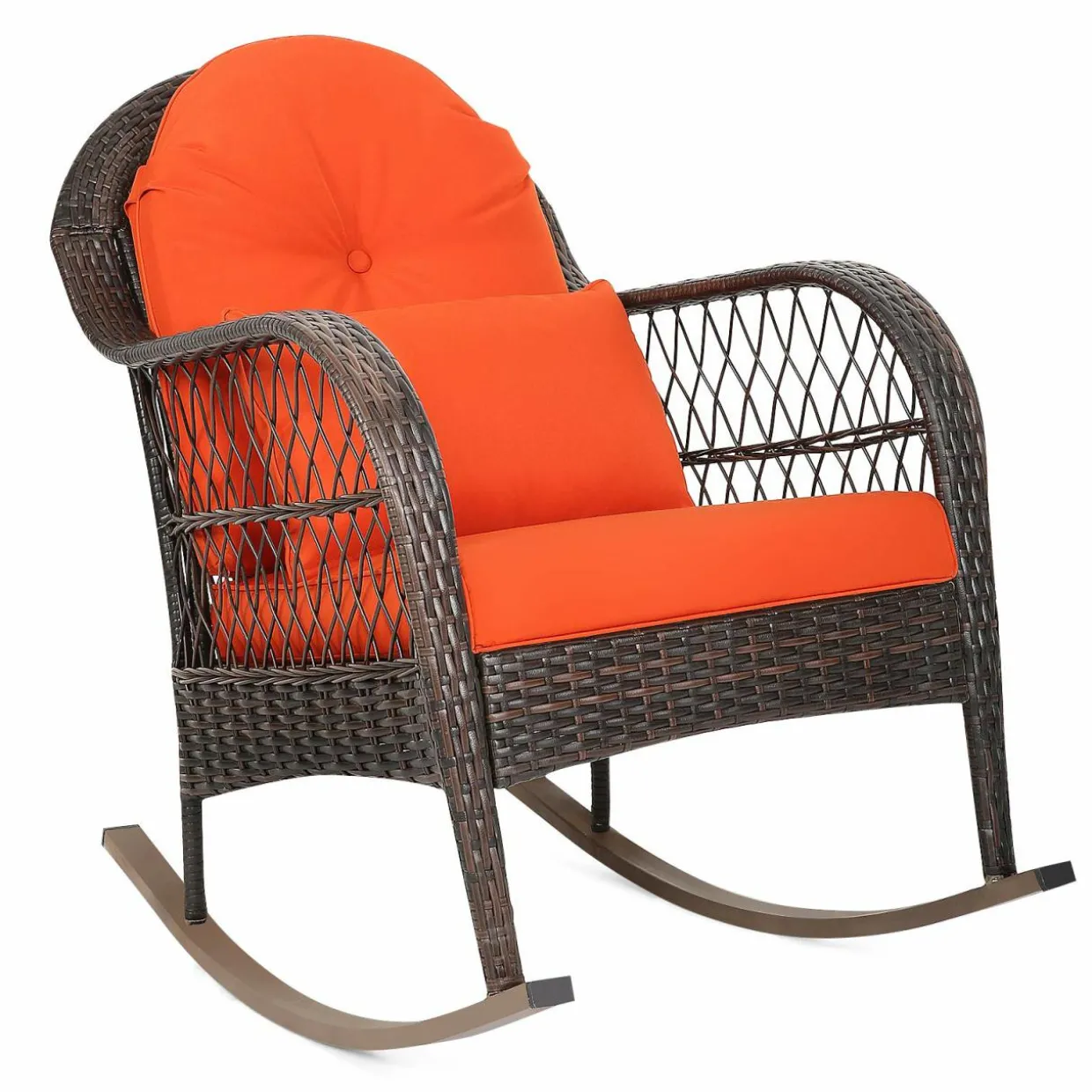 Patio Wicker Rocking Chair, Outdoor PE Rattan Rocker with Seat and Back Cushion
