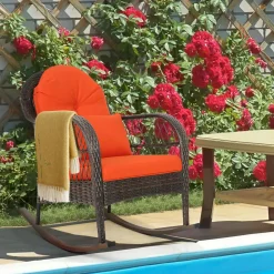 Patio Wicker Rocking Chair, Outdoor PE Rattan Rocker with Seat and Back Cushion