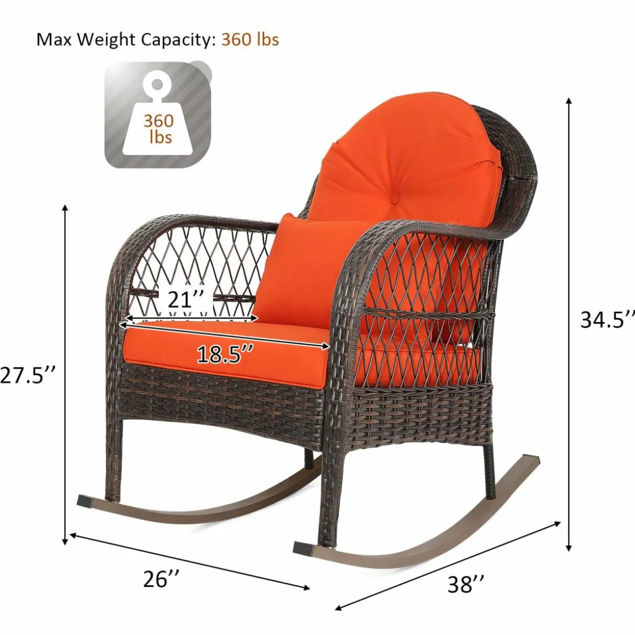 Patio Wicker Rocking Chair, Outdoor PE Rattan Rocker with Seat and Back Cushion