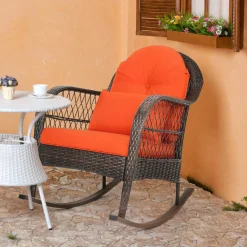 Patio Wicker Rocking Chair, Outdoor PE Rattan Rocker with Seat and Back Cushion