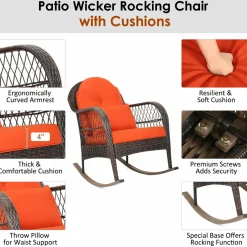 Patio Wicker Rocking Chair, Outdoor PE Rattan Rocker with Seat and Back Cushion
