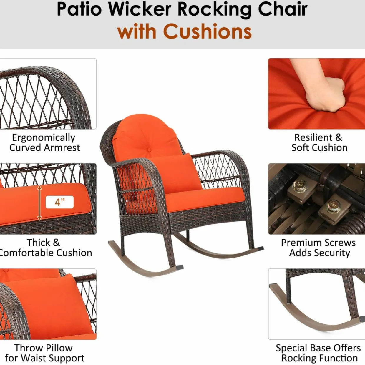 Patio Wicker Rocking Chair, Outdoor PE Rattan Rocker with Seat and Back Cushion