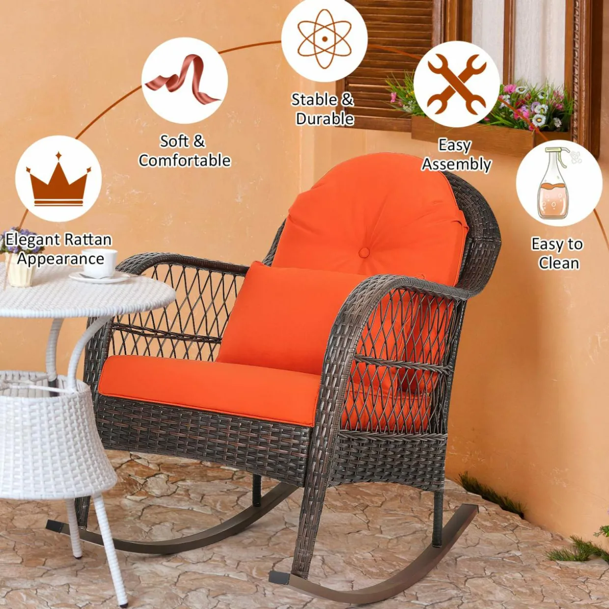 Patio Wicker Rocking Chair, Outdoor PE Rattan Rocker with Seat and Back Cushion
