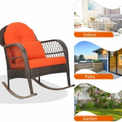 Patio Wicker Rocking Chair, Outdoor PE Rattan Rocker with Seat and Back Cushion
