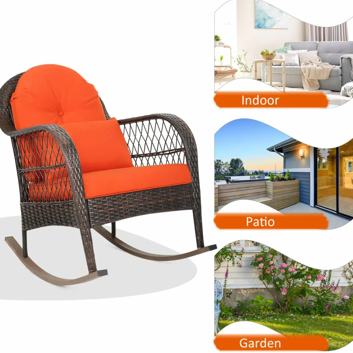Patio Wicker Rocking Chair, Outdoor PE Rattan Rocker with Seat and Back Cushion