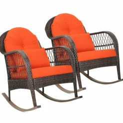 Patio Wicker Rocking Chair, Outdoor PE Rattan Rocker with Seat and Back Cushion