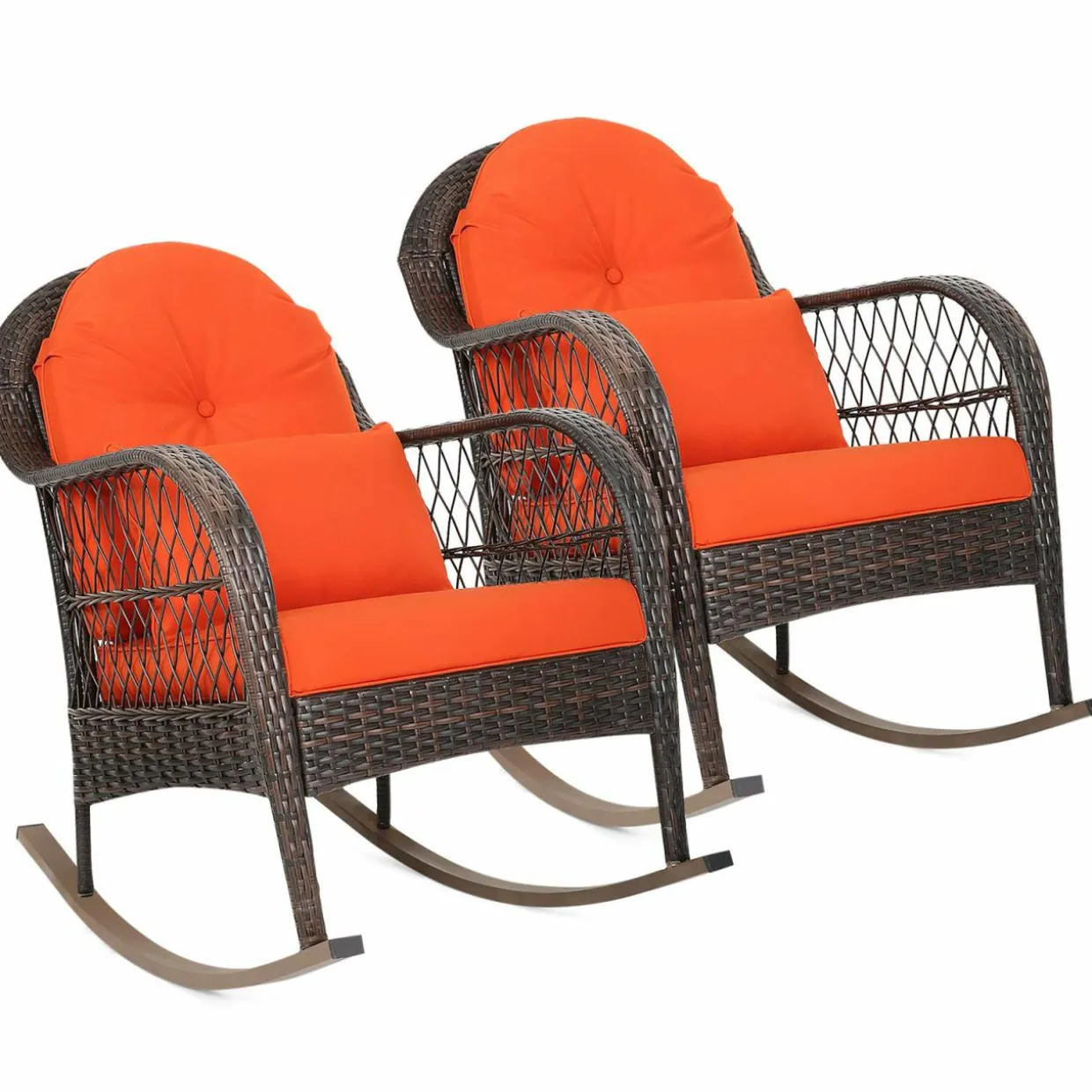 Patio Wicker Rocking Chair, Outdoor PE Rattan Rocker with Seat and Back Cushion