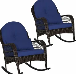 Patio Wicker Rocking Chair, Outdoor PE Rattan Rocker with Seat and Back Cushion
