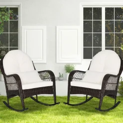Patio Wicker Rocking Chair, Outdoor PE Rattan Rocker with Seat and Back Cushion