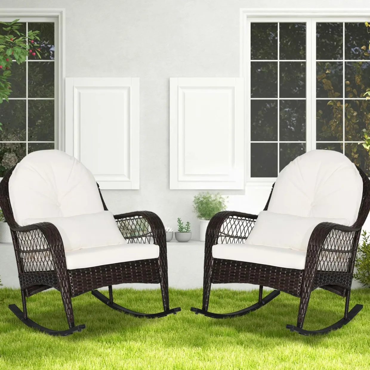 Patio Wicker Rocking Chair, Outdoor PE Rattan Rocker with Seat and Back Cushion