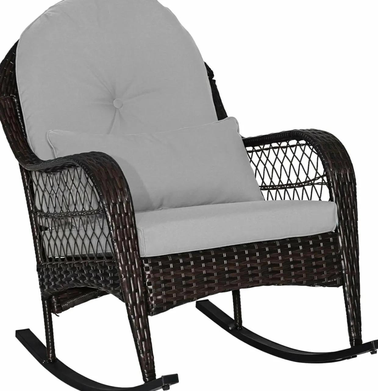 Patio Wicker Rocking Chair, Outdoor PE Rattan Rocker with Seat and Back Cushion