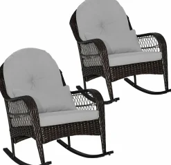 Patio Wicker Rocking Chair, Outdoor PE Rattan Rocker with Seat and Back Cushion