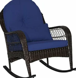 Patio Wicker Rocking Chair, Outdoor PE Rattan Rocker with Seat and Back Cushion