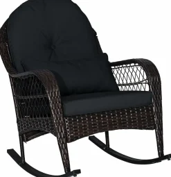 Patio Wicker Rocking Chair, Outdoor PE Rattan Rocker with Seat and Back Cushion