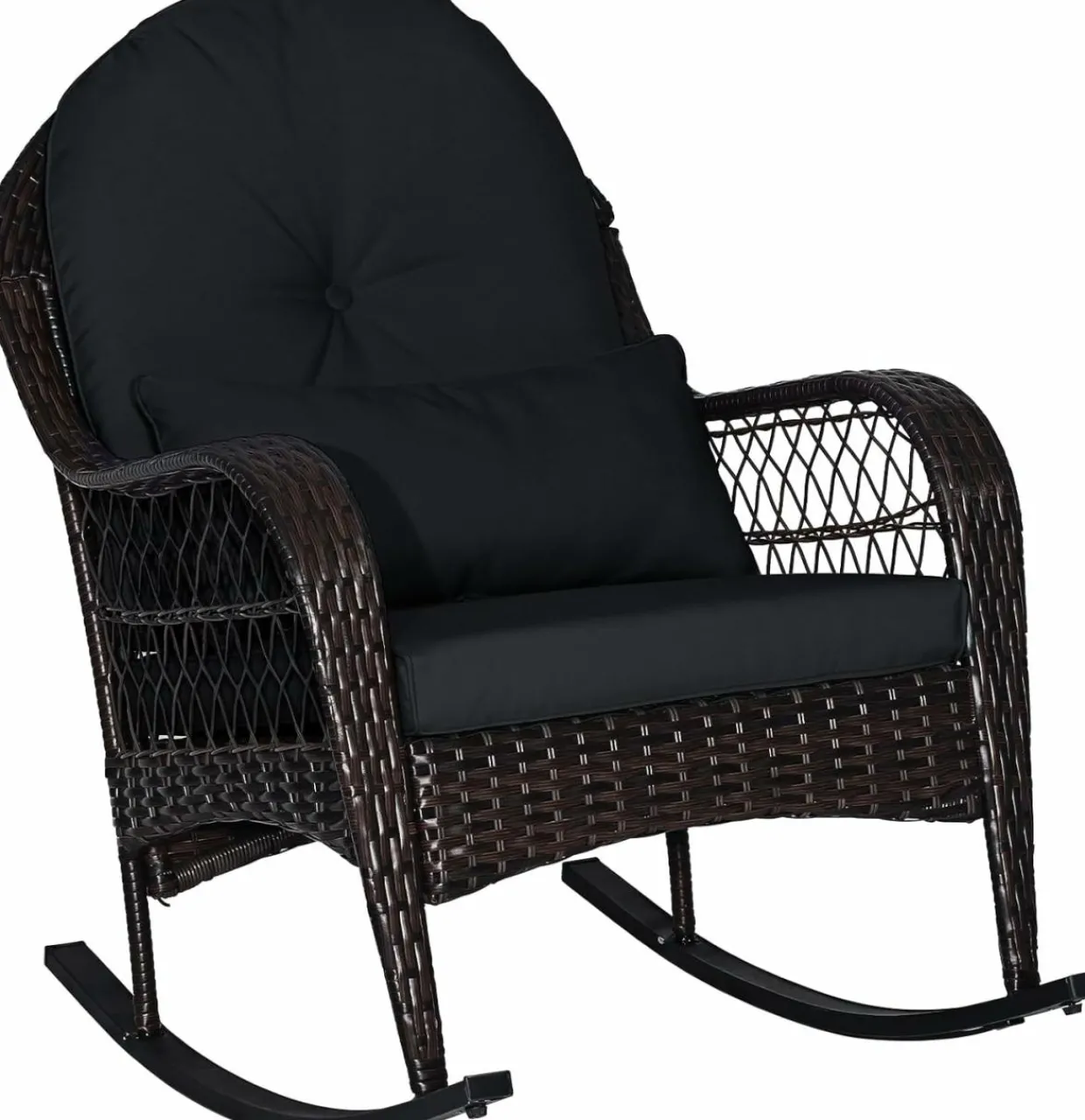 Patio Wicker Rocking Chair, Outdoor PE Rattan Rocker with Seat and Back Cushion