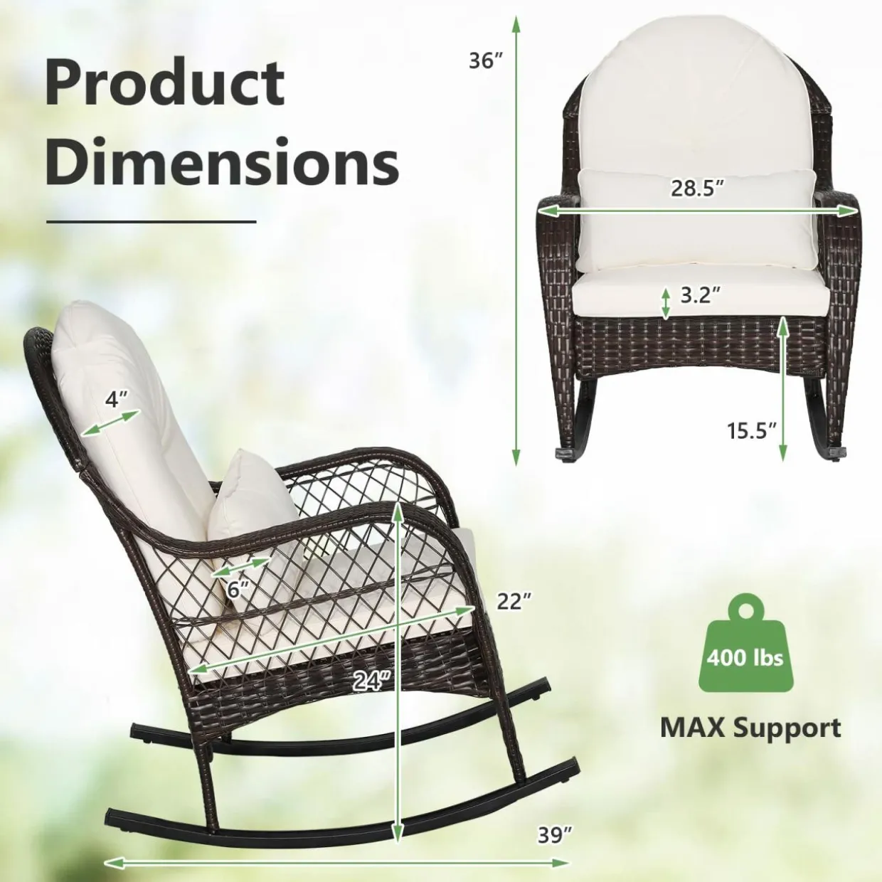 Patio Wicker Rocking Chair, Outdoor PE Rattan Rocker with Seat and Back Cushion