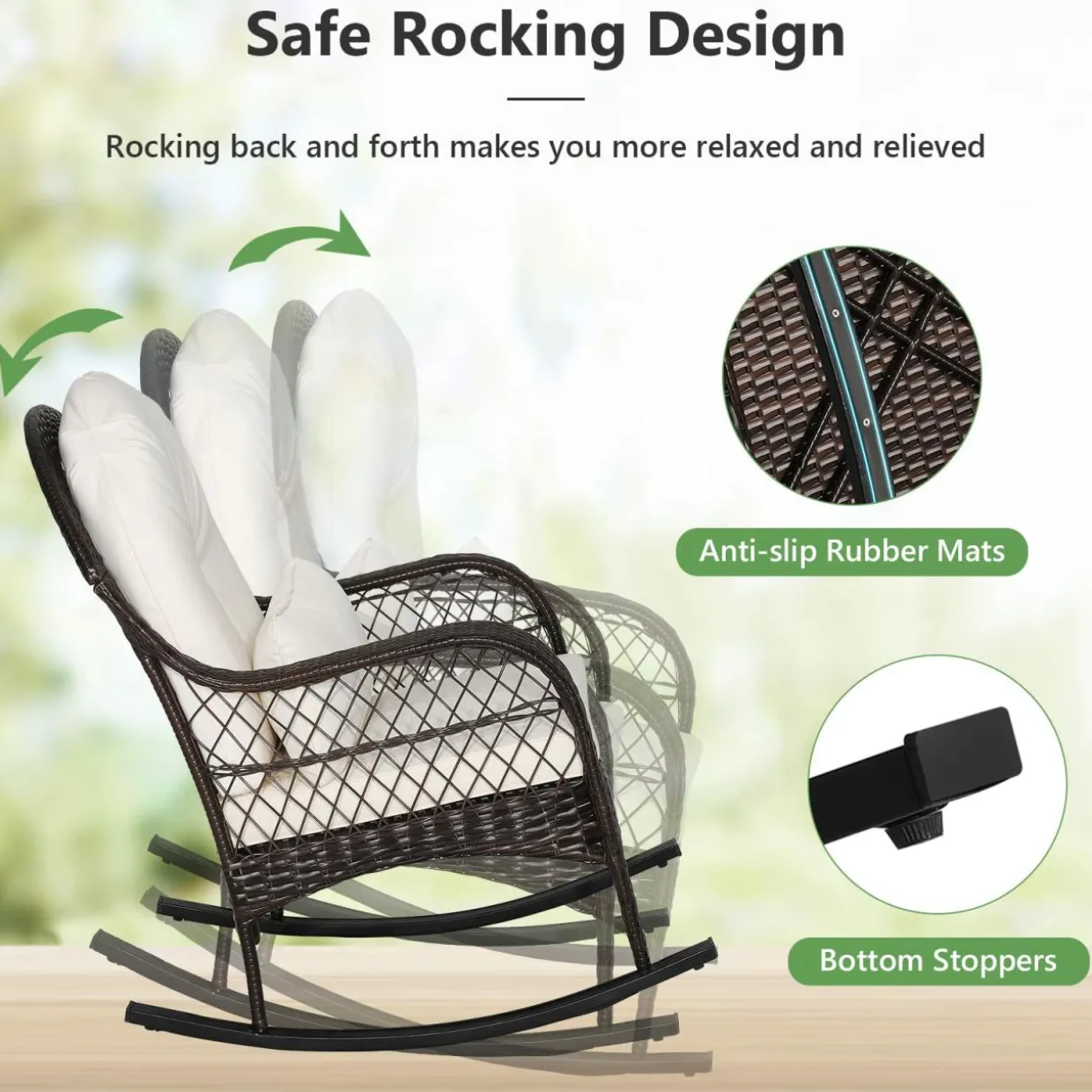 Patio Wicker Rocking Chair, Outdoor PE Rattan Rocker with Seat and Back Cushion